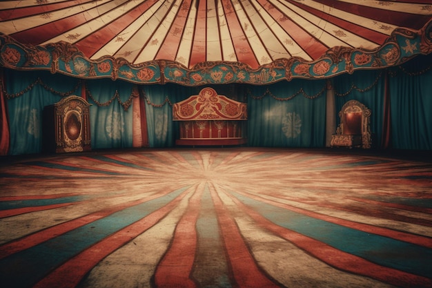 Foto una escena de circo con una carpa de rayas azules y rojas y una cama.