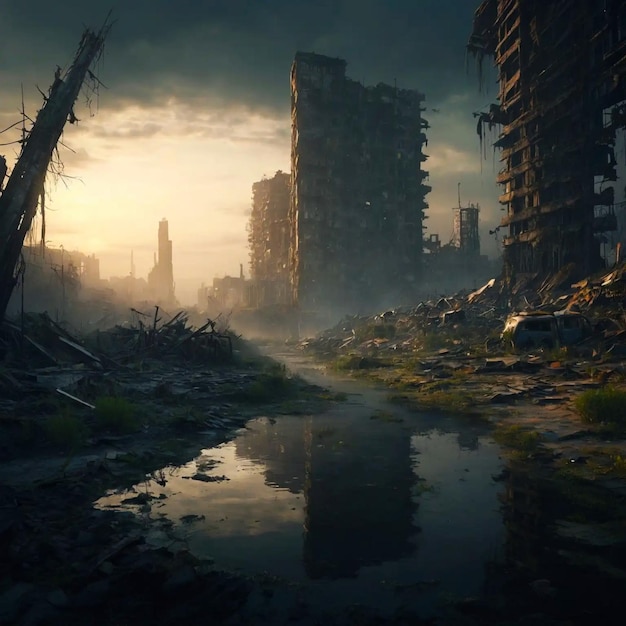 una escena de la ciudad con un charco de agua y un edificio en el fondo