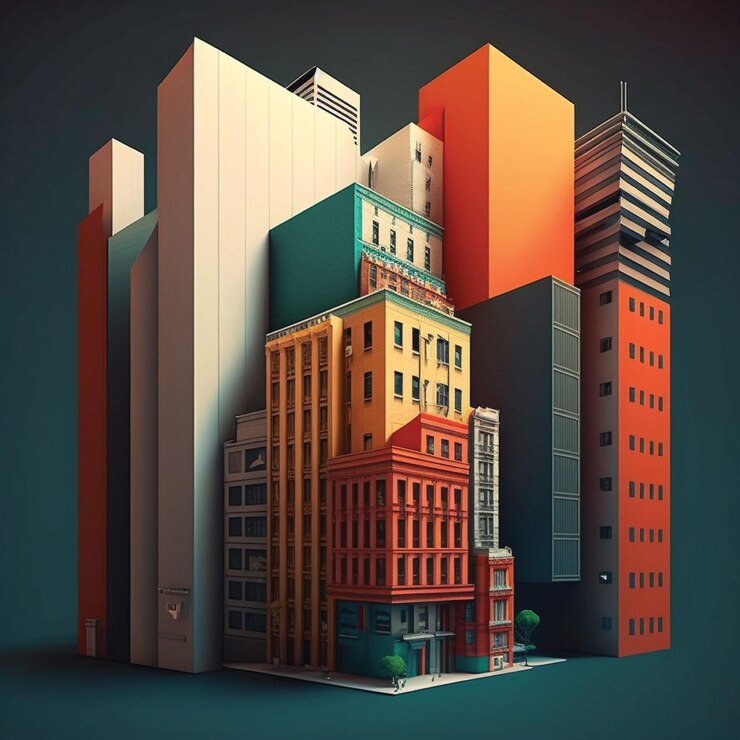 Una escena de ciudad con un edificio en el medio y un edificio con techo verde.
