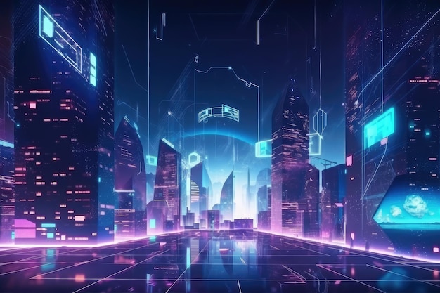 Escena de ciudad futurista con anuncios holográficos y luces eléctricas.