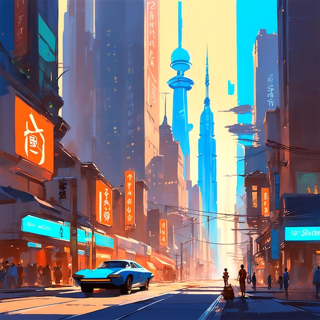 una escena de una ciudad futurista inspirada en el arte conceptual de syd meads con imponentes rascacielos elegantes