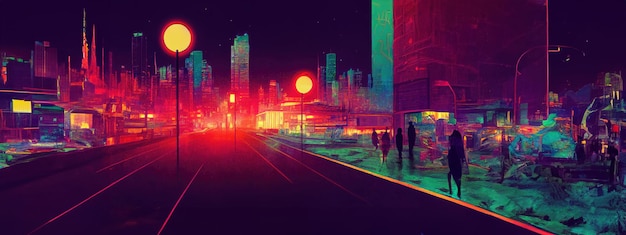 Escena de ciudad futurista de noche de ciudad de neón Cyberpunk en un estilo de fondo de pantalla de pixel art futuro retro