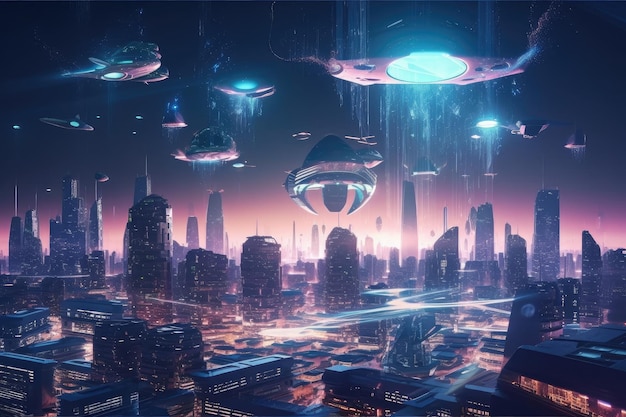 Escena de ciudad futurista con proyecciones holográficas y vehículos voladores.