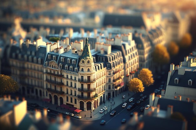 Foto una escena de ciudad con un gran edificio y una calle con muchos autos.