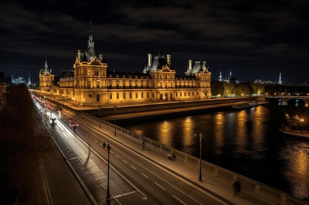 Foto una escena de la ciudad con un puente y un río con un puante en el fondo