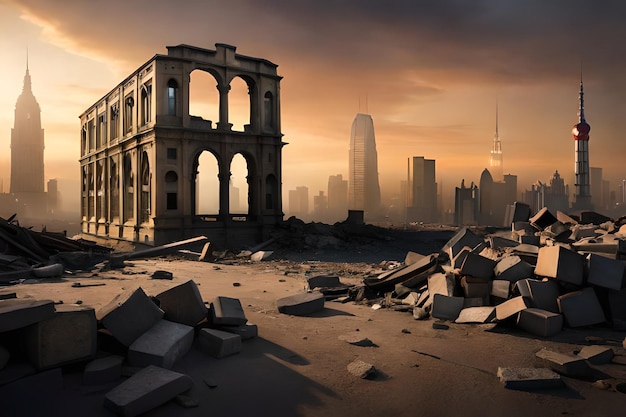 Escena de ciudad en ruinas y edificio demolido