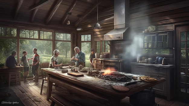 Una escena de la cocina de una cabaña con un gran ventanal que dice 'la cocina está abierta'