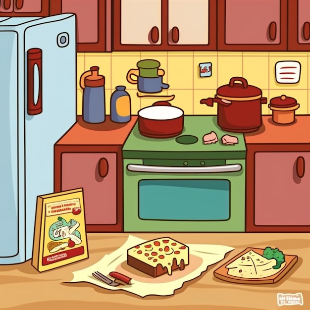 escena de la cocina de dibujos animados con pizza y otros alimentos en el mostrador generativo ai