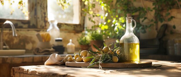 Una escena de cocina mediterránea soleada con una botella de EVOO en una mesa rústica lista para la cocina gourmet