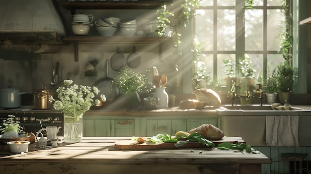 Una escena de cocina rústica en el campo