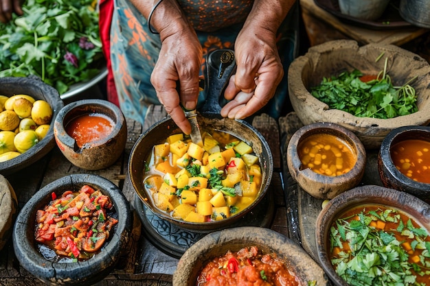 Foto escena de cocina vegetariana tradicional con una anciana preparando un guiso de verduras colorido en el rústico