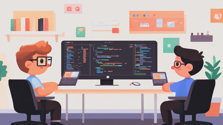 Foto escena de codificación colaborativa en un espacio de trabajo creativo