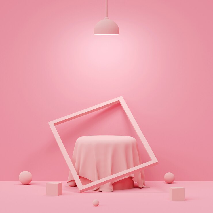 Escena de color pastel con podio de forma geométrica con lámpara sobre fondo rosa, render 3d