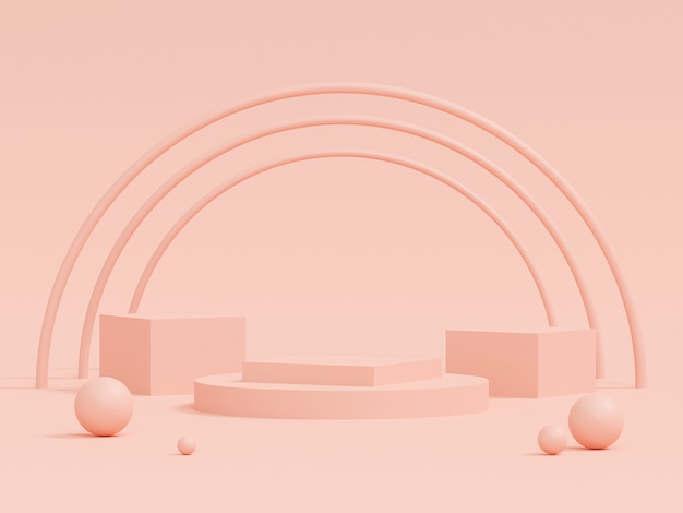 Escena de color pastel con podio de forma geométrica sobre fondo rosa, render 3d