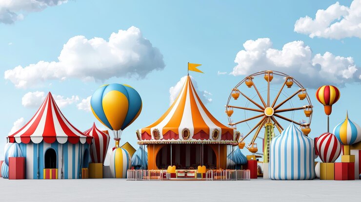 Escena colorida de carnaval con globos y tiendas de campaña