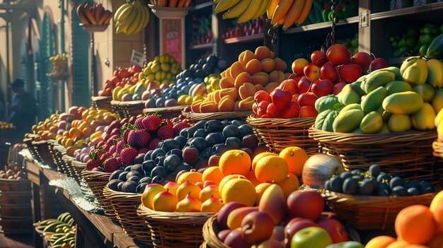 Escena colorida del mercado de frutas Una variedad de frutas frescas expuestas