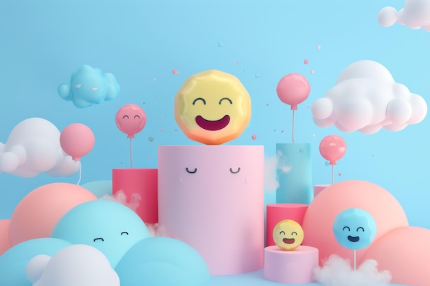 Una escena colorida de un sol sonriente rodeado de muchos globos y nubes