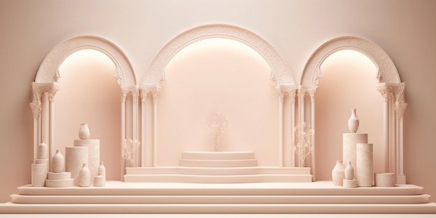 Una escena con columnas y columnas en una sala blanca con una estatua en el medio.