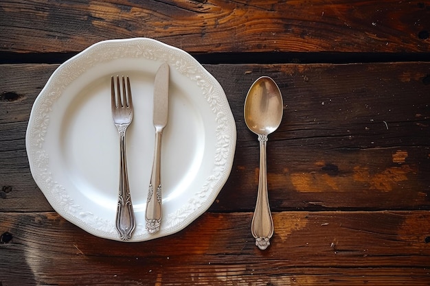 Escena de comedor rústico plato blanco tenedor y cuchara en grano de madera