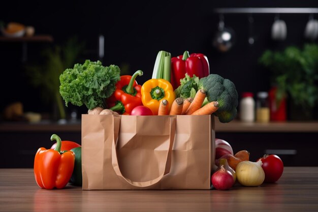 Escena de comestibles saludables verduras frescas en bolsas de papel en la mesa