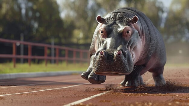 Foto una escena cómica con un hipopótamo listo para correr en una pista de atletismo