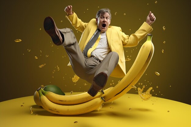 Foto escena cómica de una persona resbalando en un plátano