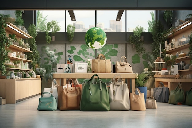 Escena de compras ecológicas con bolsas reutilizables