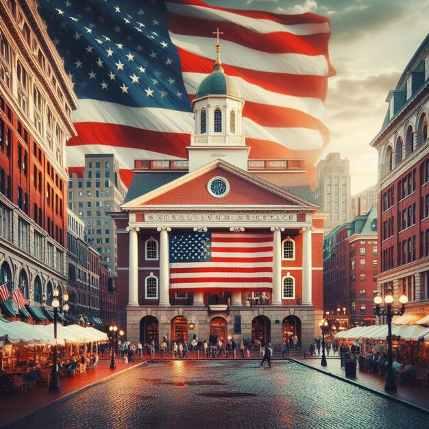 Foto escena de compras patrióticas donde la bandera estadounidense armoniza con el ambiente animado de faneuil halls