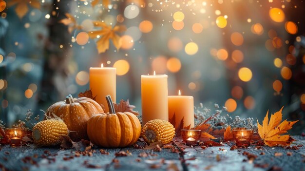 Escena conceitual do festival de outono Colheita de outono Dia de Ação de Graças Velas de milho de abóbora e folhas de outono guirlanda em uma mesa de madeira