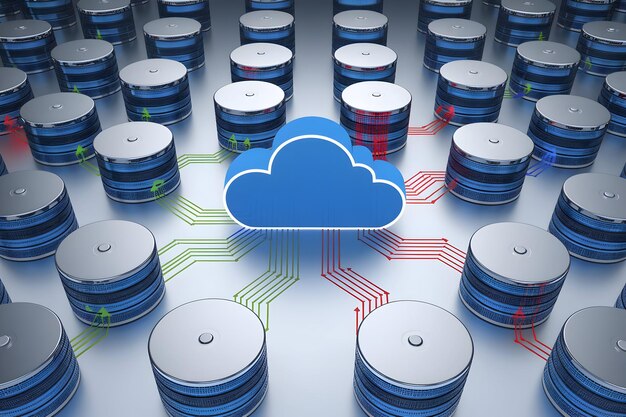 Escena conceptual de computación en nube con nube azul y unidades de almacenamiento conectadas