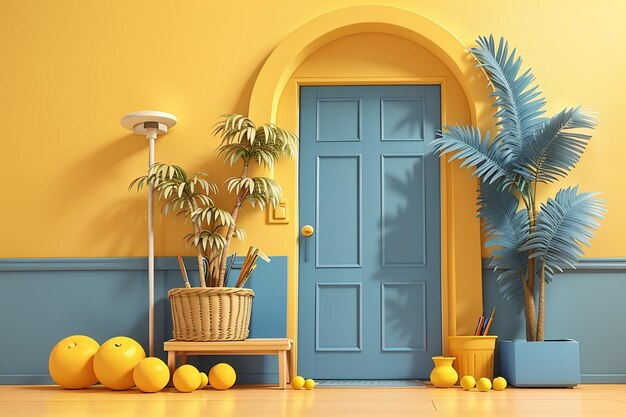 Escena conceptual mínima de cosas de verano en una puerta azul sobre fondo amarillo renderización 3D