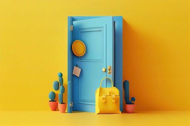 Escena conceptual mínima de cosas de verano en una puerta azul sobre fondo amarillo representación 3d