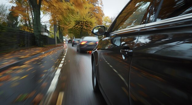 Escena de conducción dinámica en una carretera de otoño efecto de movimiento borroso perspectiva del automóvil concepto de viaje y transporte IA