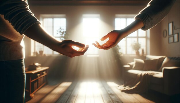 Una escena conmovedora de las manos de una pareja extendidas una hacia la otra contra una habitación iluminada por el sol