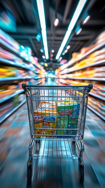 Escena del consumidor Carro de compras borroso en un departamento de supermercado ocupado Fondo de pantalla móvil vertical