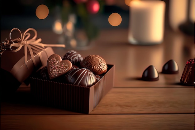 Escena de corazones de fondo de luces festivas del día de san valentín con chocolates amor fondo brillante del día de san valentín