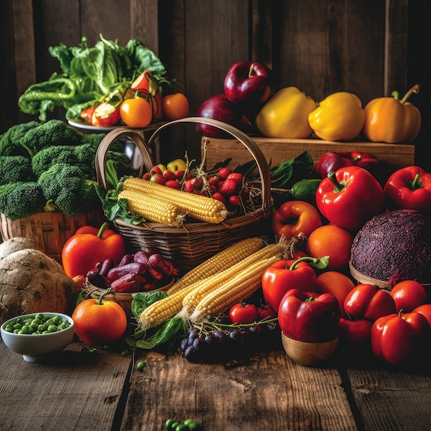 una escena de cosecha abundante con varias frutas y verduras