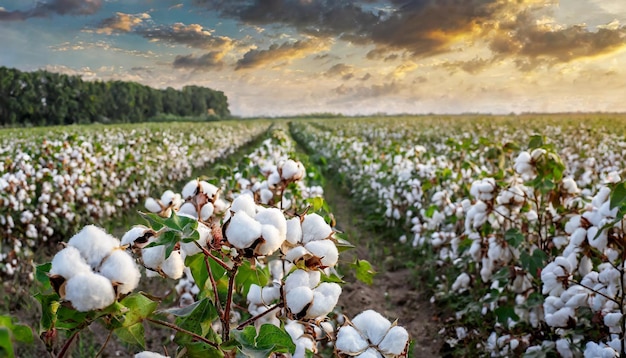 Escena de cosecha de algodón con cápsulas blancas en la planta que personifica la abundancia agrícola y la sostenibilidad.