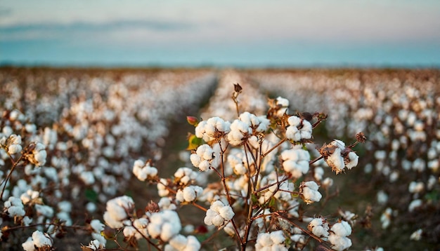 Escena de cosecha de algodón con cápsulas blancas en la planta que personifica la abundancia agrícola y la sostenibilidad.