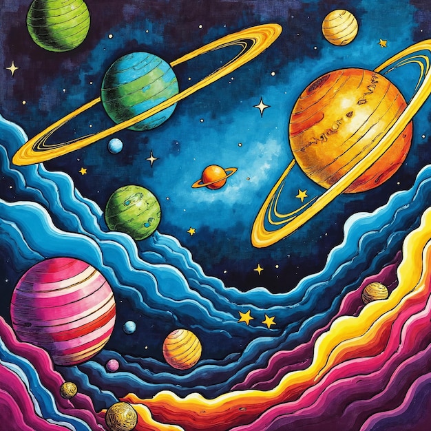 Una escena cósmica de colores: planetas, anillos y nebulosas