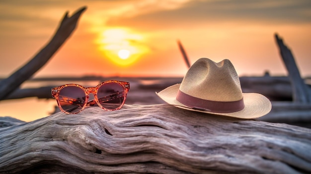 Escena de la costa con accesorios de playa y perspectiva de teleobjetivo de puesta de sol pastel