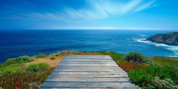 Escena costera con una plataforma de madera y un vasto océano azul que se encuentra con el cielo