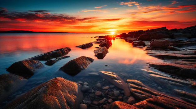 Una escena costera relajante y encantadora con reflejos cautivadores de una puesta de sol ardiente