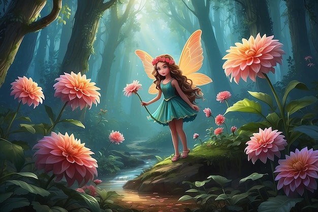 Escena de cuento de hadas Guardianes de la flor de Dahlia Ilustración