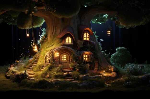 Escena de cuento de hadas de Navidad con casa de madera y árbol en la noche 3D Rendering pixar imagen 3D de una vivienda en miniatura de elfo y jardín en un viejo árbol hueco con fantasía dramática AI Generado