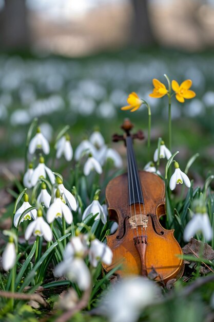 una escena con cuerdas de Martisor entrelazadas entre flores de primavera recién florecidas como gotas de nieve y c