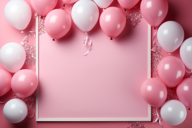 Escena de cumpleaños de confeti de marco con borde de globo de mesa rosa pastel de vista superior de celebración