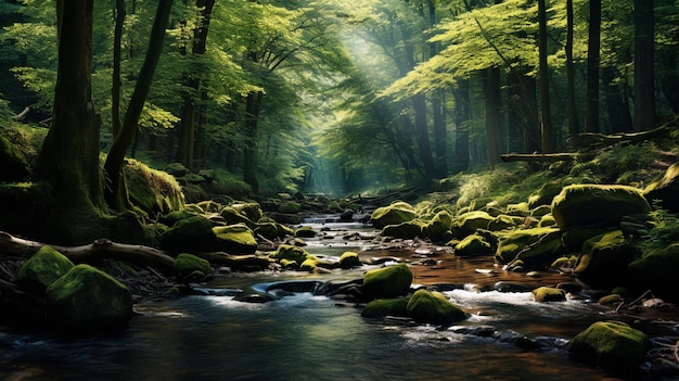 Foto escena da natureza com um riacho fluindo pela floresta