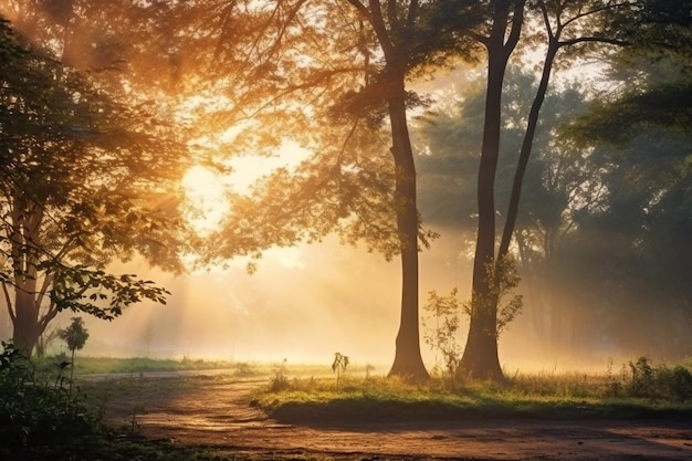 Escena da natureza no pôr-do-sol na névoa Floresta em jardim cênico Sol brilhante céu Nascer do sol de uma manhã de dia ensolarado