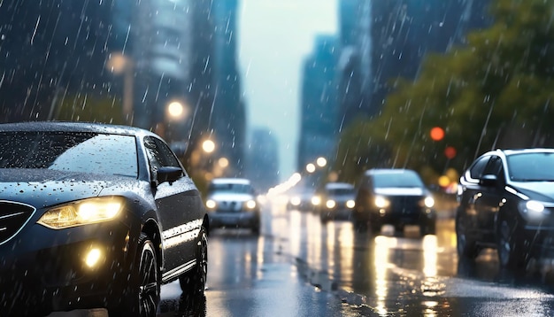 Foto escena de automóveis em trânsito sob a chuva